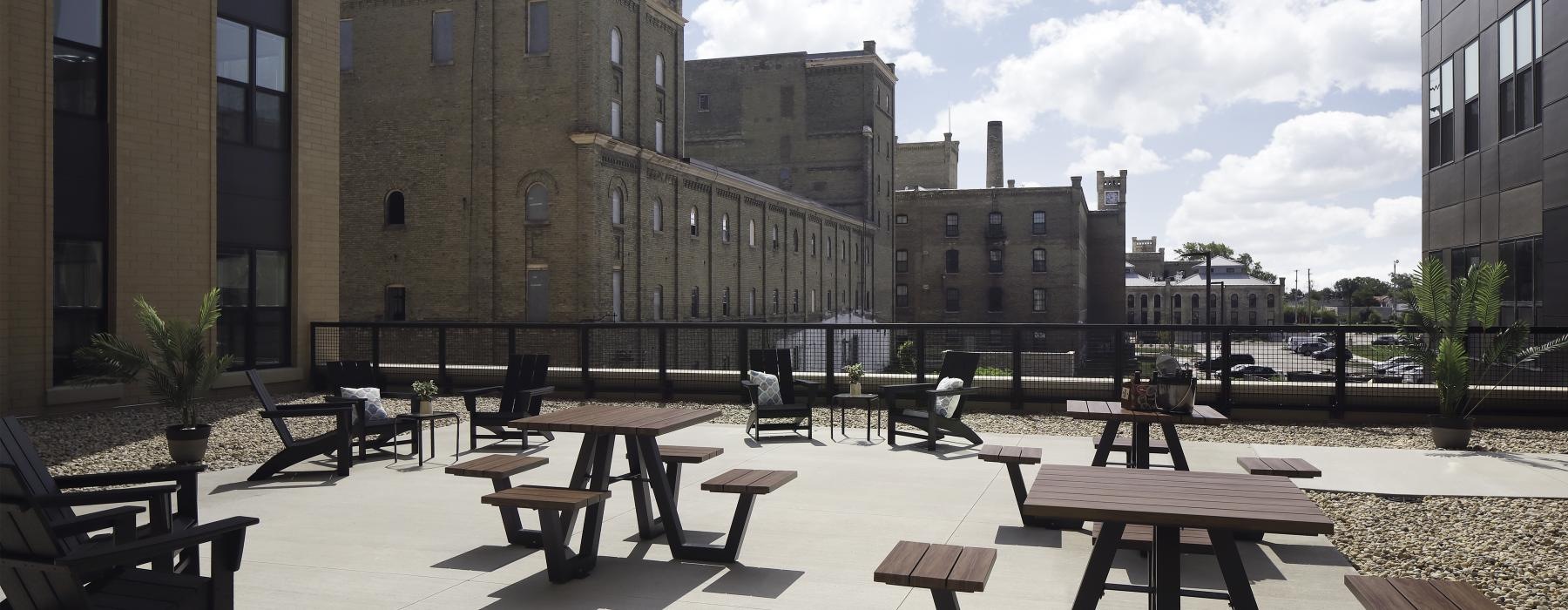 a group of tables outside
